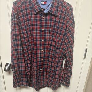 Tommy Hilfiger Red and Navy Plaid Long-Sleeve Button-Down Shirt